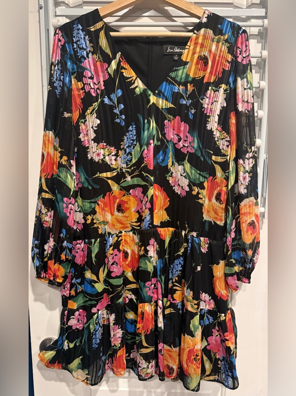 Sam Edelman Black Floral Tiered Midi Dress with Bright Floral Print